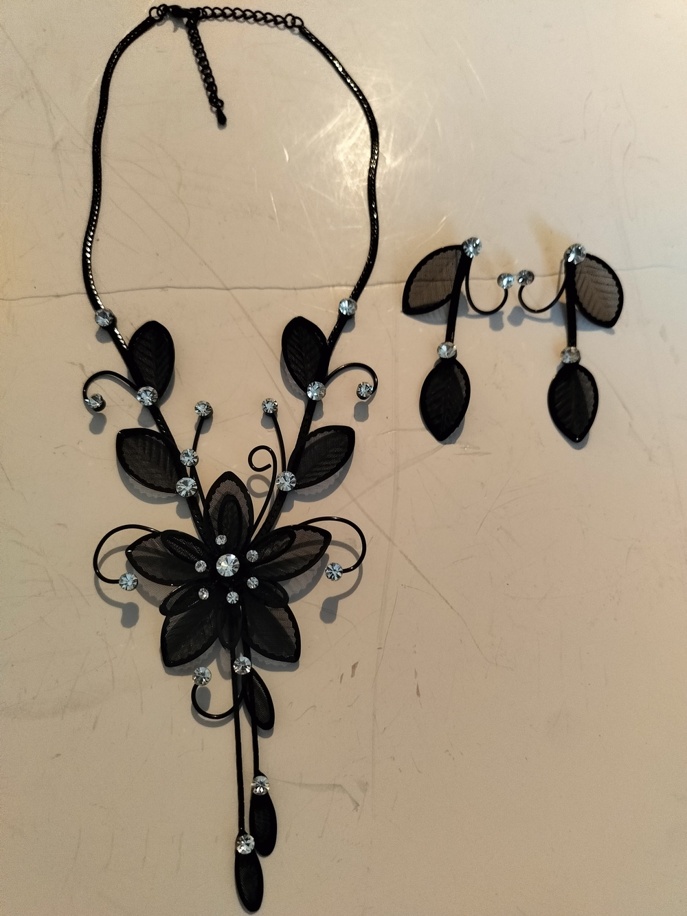 Black Floral Crystal Accent Necklace and Earring Set
